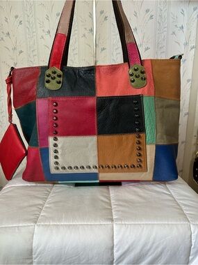 AmeriLeather Patchwork Leather Tote with Stud Accents